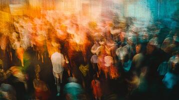 Vibrant, blurred street scene captures the energy and movement of a bustling crowd, with a focus on warm and cool color contrasts. photo