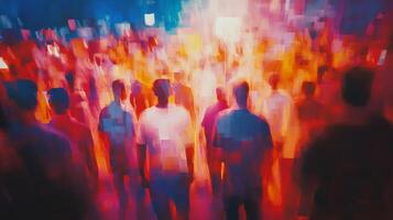 Abstract view of crowd, with blurred figures in vivid colors, representing a sense of motion and collective energy in an urban environment. photo