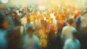 Abstract crowd scene with blurred figures and vibrant bokeh creating a sense of movement and energy. People moving through light. photo