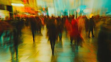 Abstract urban scene capturing motion and color, with blurred figures suggesting a bustling crowd in a public space, creating a sense of dynamism. photo