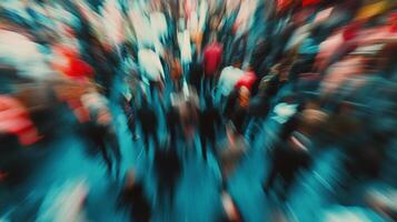 Abstract crowd movement with blurred figures and vibrant colors creating a sense of energy, motion, and a lively atmosphere. photo