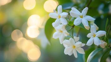 Elegant flowers capture the essence of springtime, bathed in soft light, with bokeh adding a touch of magic and subtle colors to the natural scene. photo