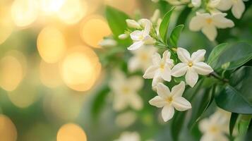 Star Jasmine flowers with lush green leaves, illuminated by soft, warm light, create a serene and inviting floral moment in nature. photo
