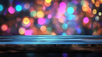 Wooden surface with a colorful bokeh backdrop, perfect for product displays or festive backgrounds, creating a vibrant and eye-catching scene. photo