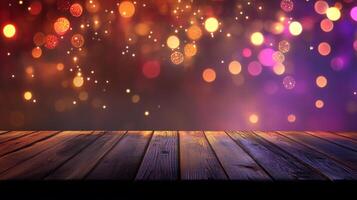 Enchanting bokeh lights dance above a rustic wooden surface, casting a magical glow for a festive, inviting atmosphere. Warm hues prevail. photo
