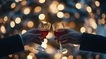 Elegant toast between two individuals, celebrating with red wine in crystal glasses against a backdrop of twinkling lights, creating a festive atmosphere. photo