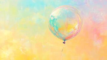 Pastel painted balloon floating in dreamy sky. Delicate brushstrokes and bright color palette create a lighthearted, whimsical atmosphere. photo
