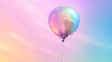 Iridescent balloon floats serenely against a soft pastel sky, capturing a dreamy, celebratory mood with its shimmering colors. photo