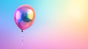 Iridescent balloon floating in front of a pastel gradient background, capturing a sense of whimsy and celebration with a touch of magic. photo