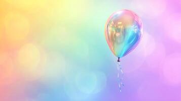 A single iridescent balloon floats against a soft gradient background with diffused bokeh lights, creating a dreamy and ethereal atmosphere. photo