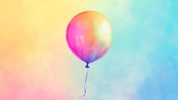 Colorful balloon floating against a watercolor sky. Ideal for party, celebration, or cheerful designs. Captivating and inspiring. photo