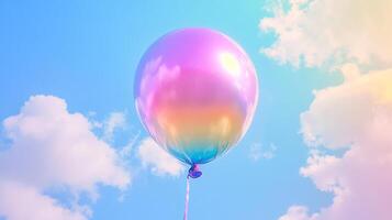 Iridescent balloon floats dreamily against a pastel sky, a symbol of joy and celebration, reflecting the light and color of the airy atmosphere. photo