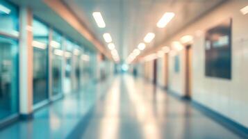 Blurred perspective down a long hallway. The space is modern, brightly lit, and features many doors, windows, and recessed lighting. photo