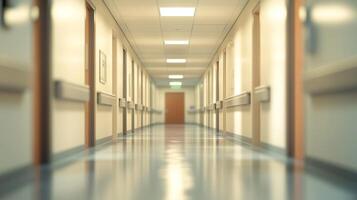 Long, bright hallway with doors lining either side, receding into the distance, creating a sense of depth and tranquility. photo