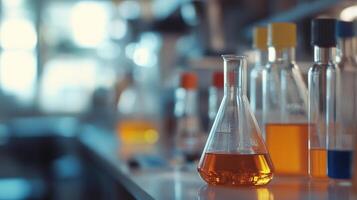Lab equipment featuring a flask filled with liquid, set against a blurred background filled with other laboratory glassware. photo