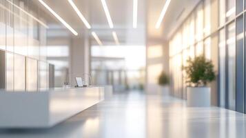 Modern, pristine office space featuring a reception area, natural light, and sleek design, conveying a sense of professionalism and innovation. photo