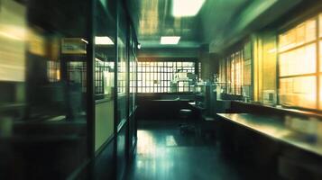 An interior shot of a vintage office space with a row of desks and light streaming through the windows in a blurred perspective. photo