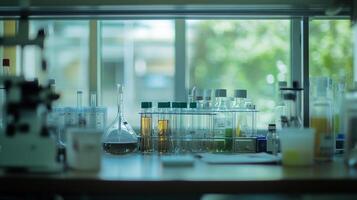 A laboratory scene with various glassware, including flasks and test tubes filled with liquids, sits on a table in a well-lit space. photo