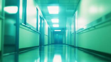 Long, empty corridor with doors. Clean and polished with blue-green lighting. Handrails line the walls. Receding view down the hallway. photo