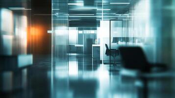 Modern office space with glass walls, a sleek chair, and polished floors reflecting light, creating an atmosphere of professional sophistication. photo