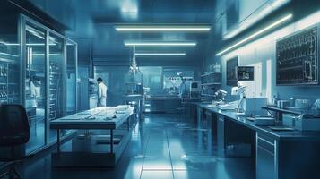A cutting-edge laboratory environment with scientists at work, advanced equipment, and cool, blue-toned lighting creates an atmosphere of innovation. photo
