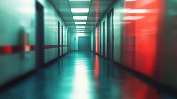 A long, empty hallway with repeating doors reflecting an ominous red glow on its shiny floor stretches into the depths of the building. photo
