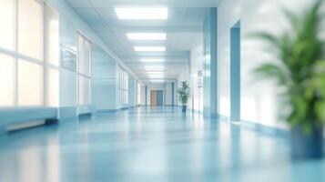 Illuminated hallway with reflective flooring and a potted plant, creating a clean and sterile environment. Natural light through windows. photo