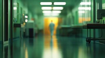 A blurry view of a green hallway with shiny floors and a person walking away into the light at the end. Interior scene, healthcare setting. photo