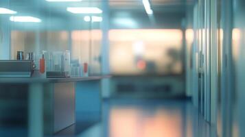 Modern lab interior with equipment on counter, blue floor, bright lighting, and blurred background creates a sense of depth and cleanliness. photo