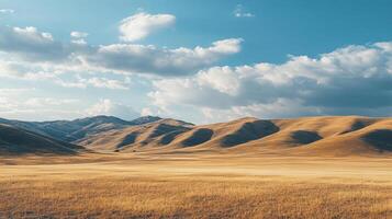 Panoramic view of rolling hills under a partly cloudy sky, featuring golden grasslands meeting distant mountains for a tranquil landscape. photo