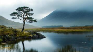 Solitary tree by lake reflects in tranquil waters with misty mountain backdrop. Serene landscape with muted tones and peaceful ambiance. photo