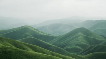 Lush green hills roll gently into the distance, shrouded in a soft, ethereal mist, creating a serene landscape. Serenity, Nature, green. photo