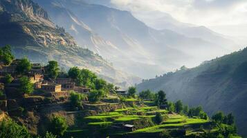 Scenic mountain village view with verdant terraces and rustic dwellings nestled against hazy peaks, epitomizing rural serenity and timeless charm. photo