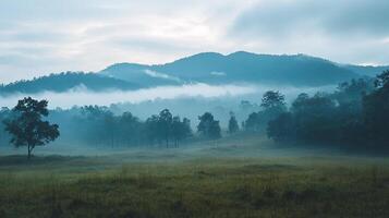 Misty mountain landscape. Fog hangs low over the field and the mountains on the horizon. A solitary tree stands on the left side. photo
