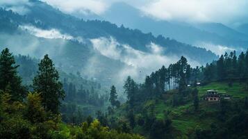 Misty mountain landscape with lush green hillsides, forests, and scattered dwellings under a cloudy sky, creating a serene and atmospheric scene. photo