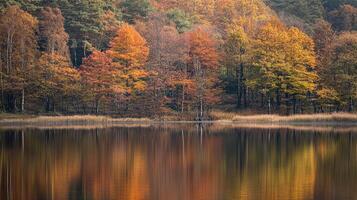 Reflections on an autumn day paint a vibrant scene, where the fiery forest meets the tranquil lake mirroring nature's colorful display. photo