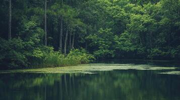 A still lake reflects the surrounding forest, creating a mirror-like effect of the lush greenery and towering trees in a peaceful setting. photo