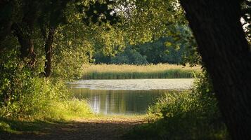 Calm lake view with a pathway and lush green trees. Sunlight filters through the leaves, creating a serene and peaceful scene. photo