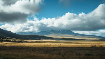 Scenic landscape featuring a vast golden field with mountains in the background under a cloudy sky, creating a sense of tranquility. photo