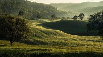 Lush green hills, a serene landscape with trees dotting the horizon, bathed in soft, early morning light. Nature's beauty unfolds. photo
