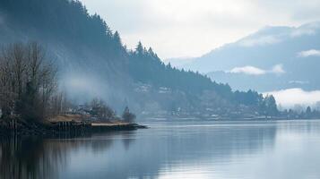 A serene lake scene with misty mountains, evergreen trees, and calm water reflecting the sky. Peaceful and tranquil waterscape. photo