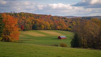 Autumn landscape with vibrant foliage, featuring a charming red barn nestled in a lush, green field. photo