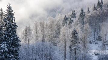 Snowy forest landscape with trees, fog and winter scenery on an overcast day. Snow covered trees and forest covered with light snow. photo
