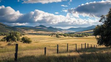 Expansive golden valley beneath a dynamic sky, framed by a weathered fence, showcasing nature's serene beauty and vast open spaces. photo