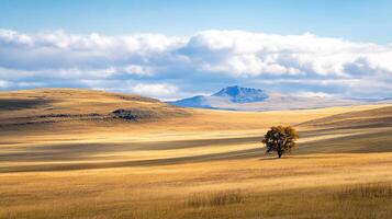 A solitary tree stands in a sun-drenched field, with distant mountains and a cloudy sky completing the scenic landscape. photo