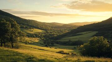 Verdant valley landscape at sunset, with rolling green hills and dense forests. A serene and idyllic scene with sunlight. photo
