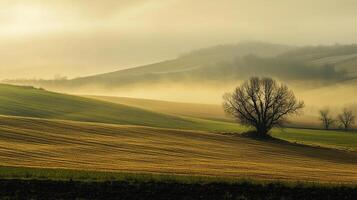Golden fields meet the misty horizon in this serene landscape. A lone tree stands silhouetted against the soft, diffused light. photo