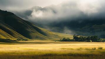 Scenic landscape of grassy valley nestled between hills under a moody sky, creating a serene and atmospheric vista. Quiet tranquility. photo