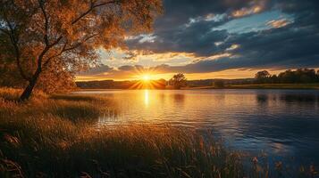 Lake at sunset with dramatic skies reflecting sun. Autumnal light creates a serene and picturesque landscape. Golden hour reflection. photo