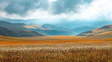 Expansive landscape with a meadow of wildflowers, golden fields, and distant mountains under a cloudy sky, evoking serenity. photo